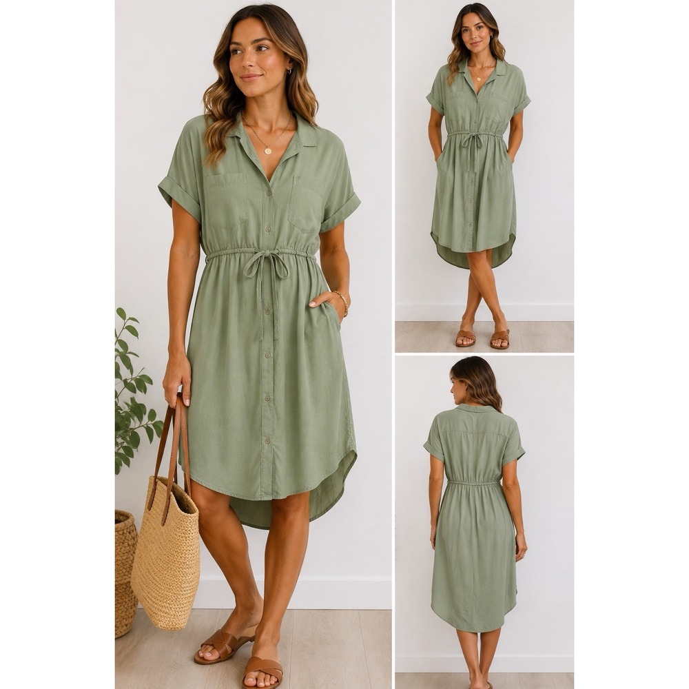 Japna Sage Green Lyocell Button Front Shirt Dress Tie Waist Safari Medium